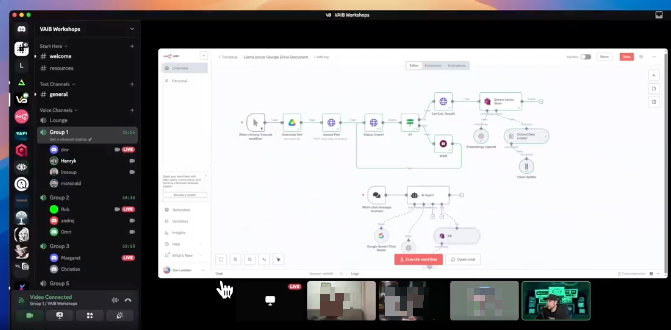 A live build session, walking a group through an n8n workflow on screen share